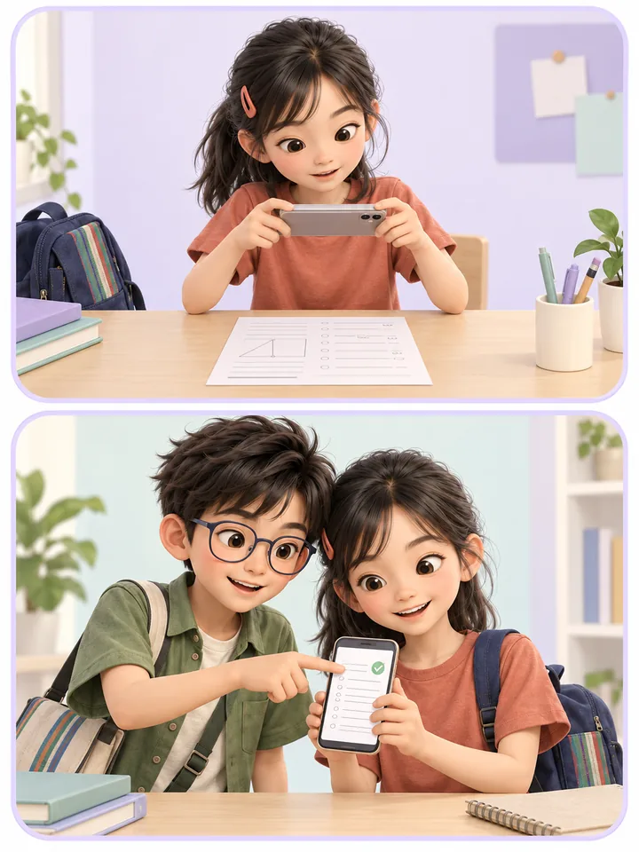 女孩用手機拍攝整張題目，下一格與戴眼鏡男孩一起核對。