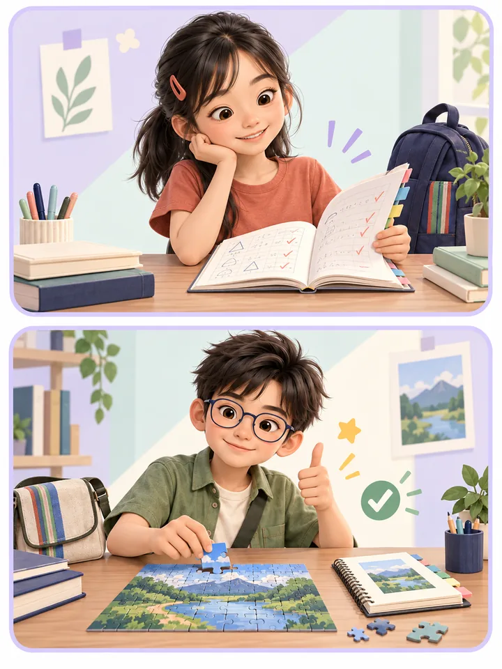 女孩翻閱解題筆記，下一格男孩完成拼圖並比讚。